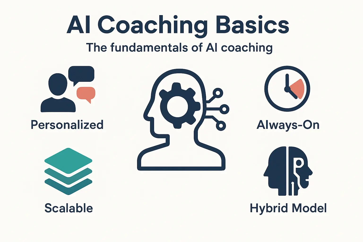 This visual explains the fundamental benefits of AI coaching for new leaders, outlining personalized support, constant availability, scalable learning, and the combination of human-AI coaching models.