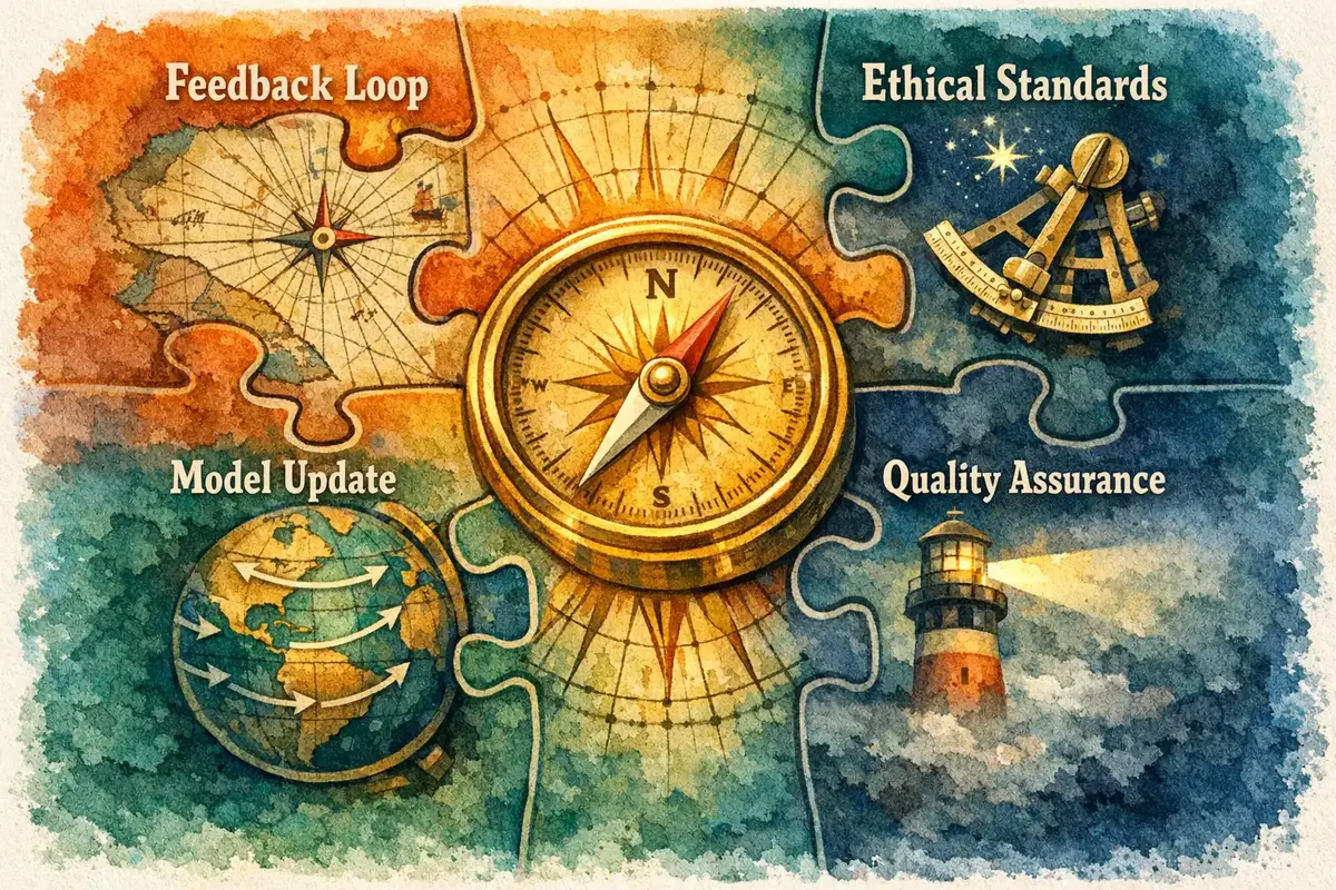 Diagram showing the iterative cycle of data collection, analysis, model refinement, and validation in AI coaching