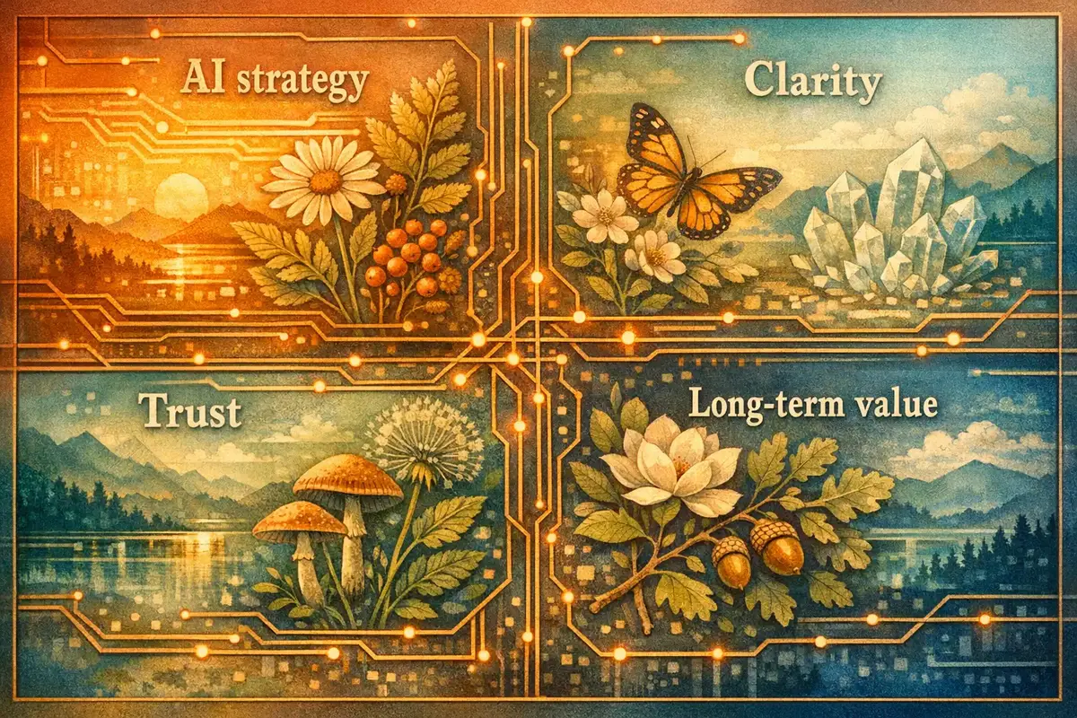 Boardroom discussion with AI strategy visualized