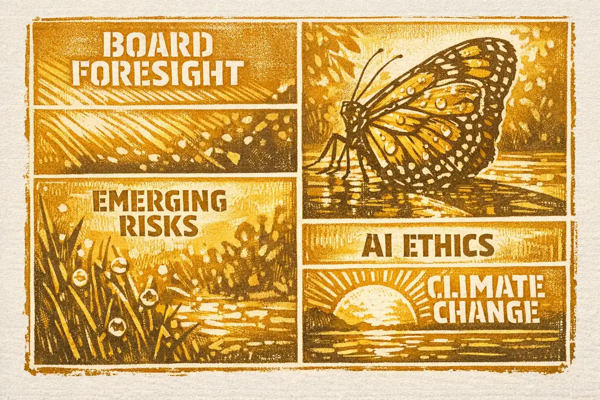 A boardroom table with diverse directors reviewing a digital dashboard showing emerging risks