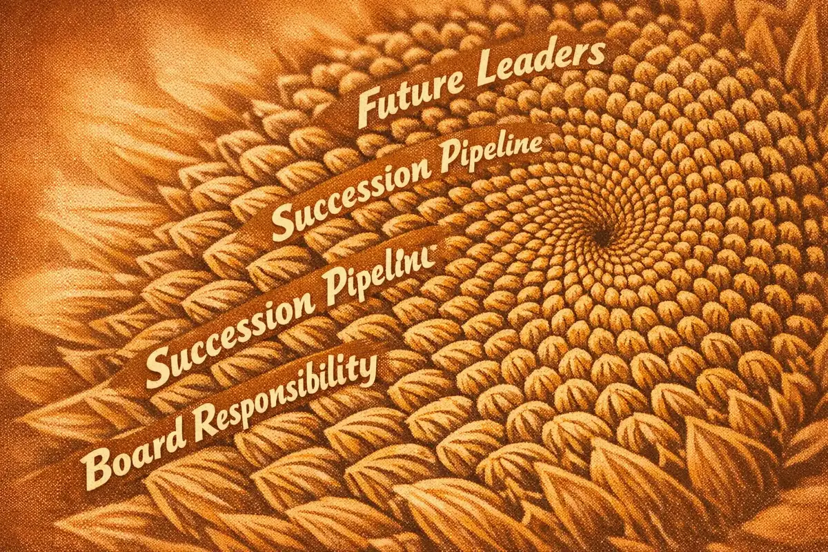 A boardroom table with diverse executives reviewing leadership succession plans