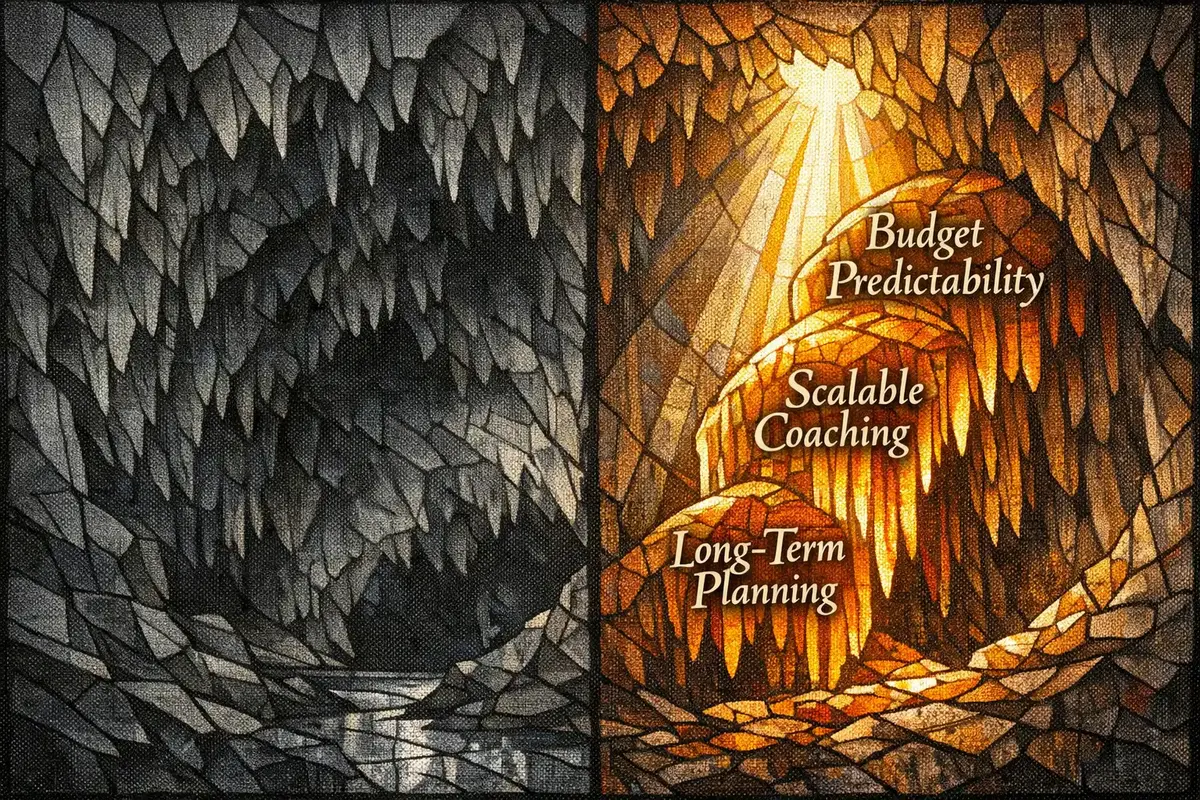 A team of professionals reviewing digital coaching analytics on a large screen in a modern conference room.