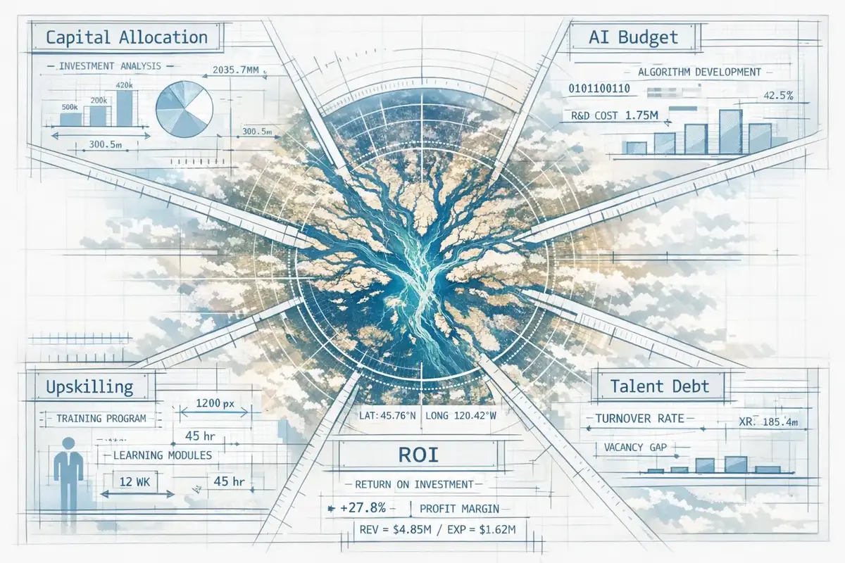 A hybrid team collaborating with both digital AI tools and analog brainstorming