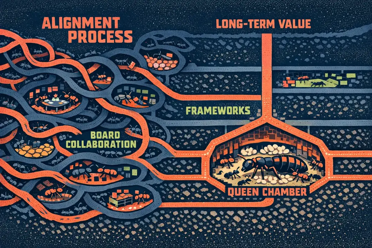 A diagram showing the interplay between board oversight, investor time horizons, and employee engagement