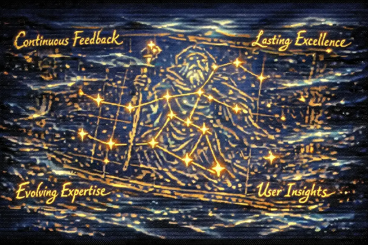 Illustration of a dynamic feedback loop in AI coaching, showing data flow from users, practitioners, and research into model refinement