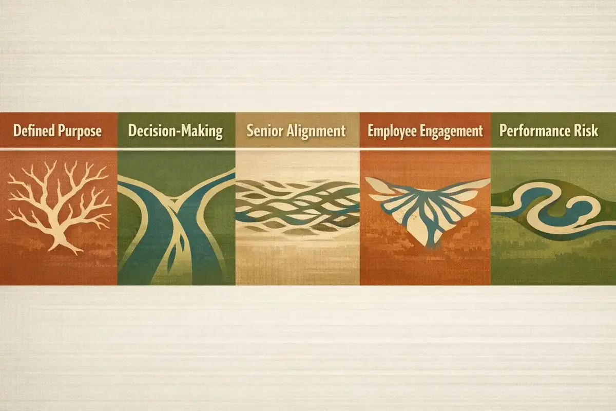 A leadership team engaged in open dialogue about purpose alignment, with post-it notes and purpose statements visible