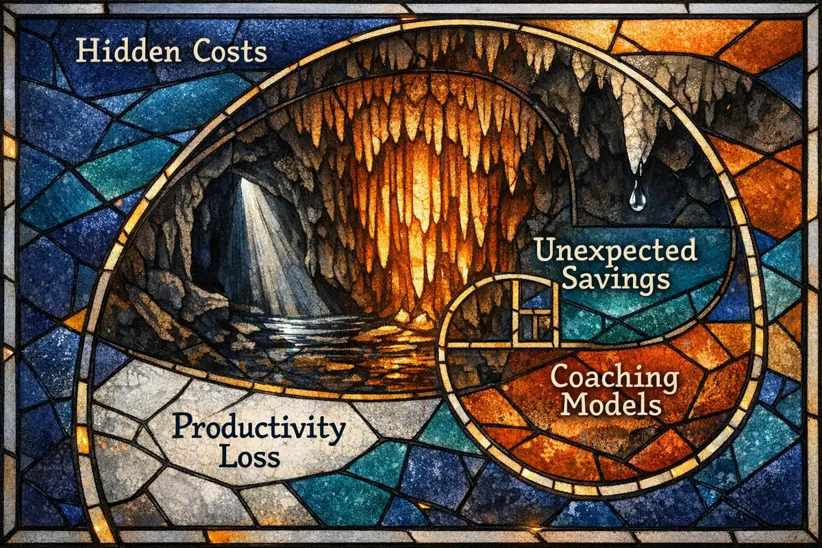 A visual breakdown of coaching cost structures, showing direct, indirect, and opportunity costs.