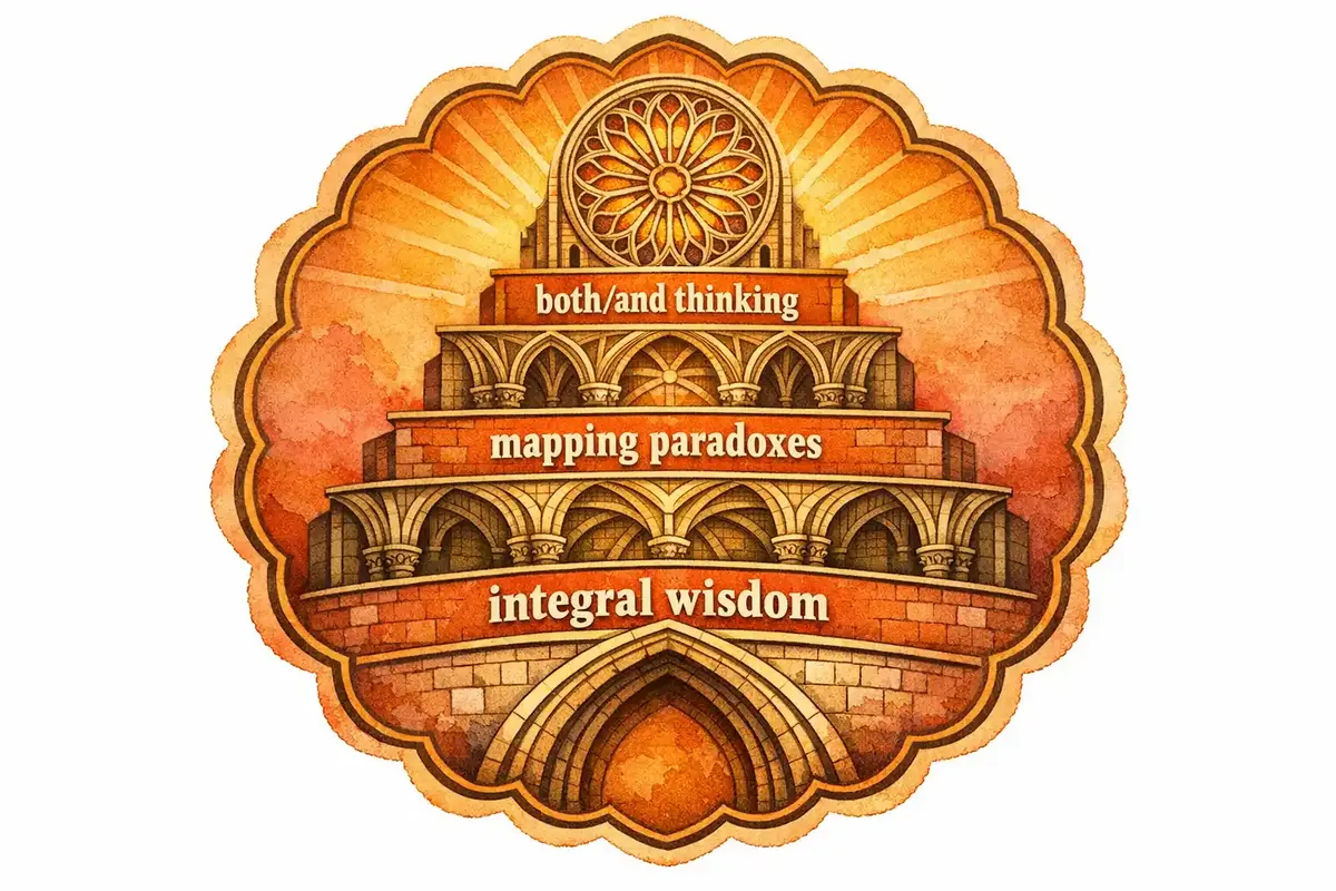 Diagram illustrating the integration of AI coaching and integral wisdom in paradox navigation