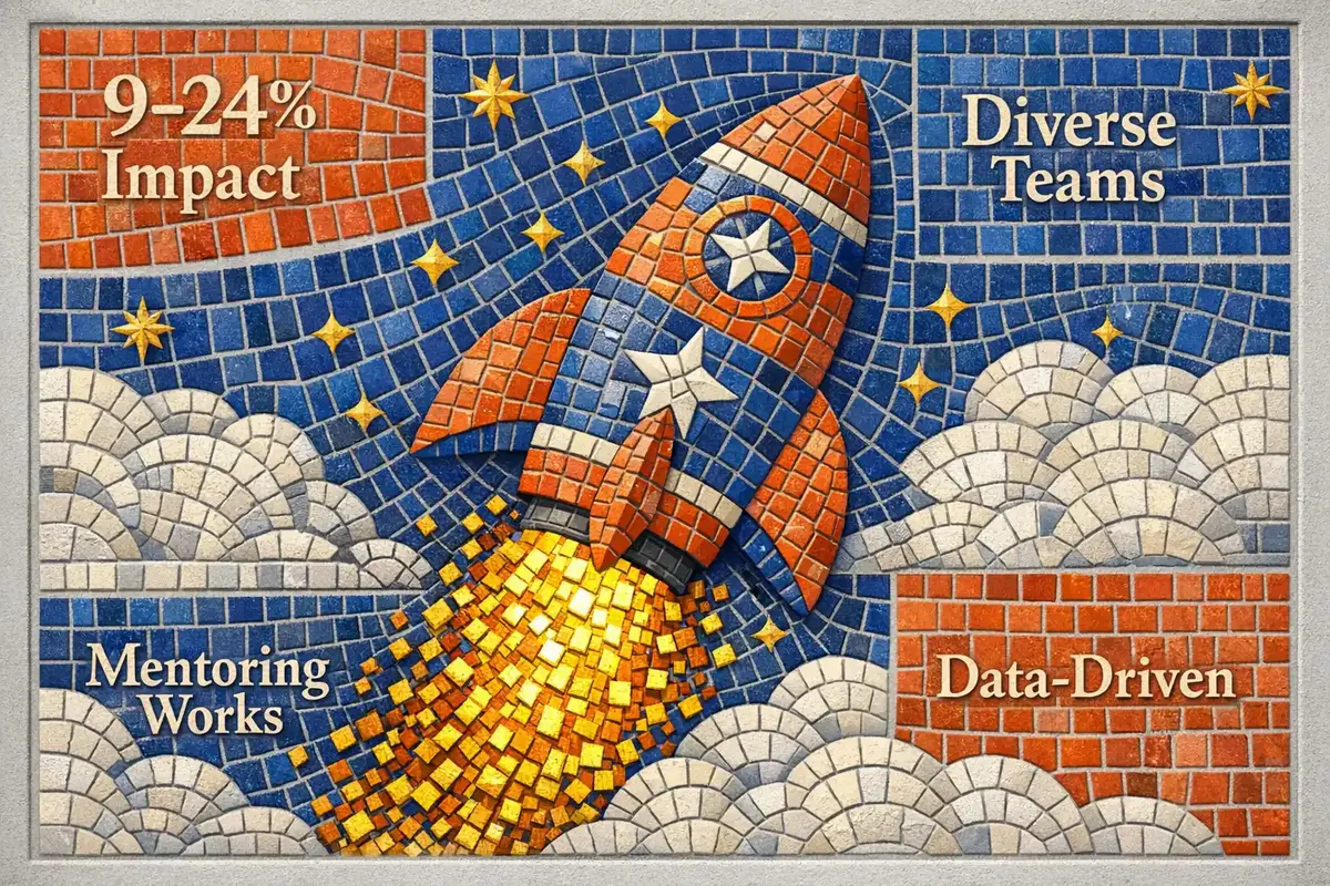 a whiteboard covered in sticky notes with team members gathered around, brainstorming solutions