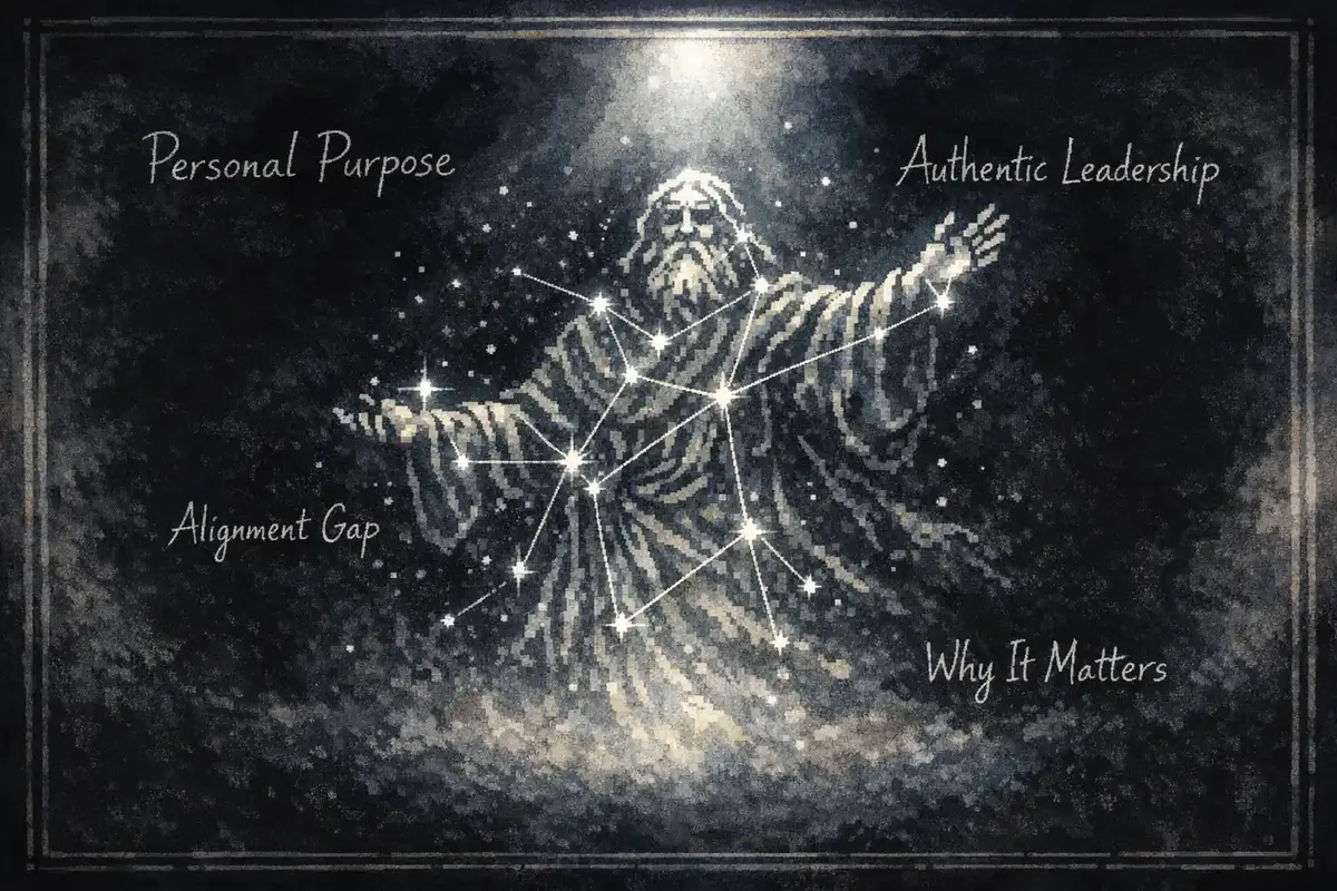 A CEO and team in a reflective strategy session, mapping personal and organizational purpose on a whiteboard