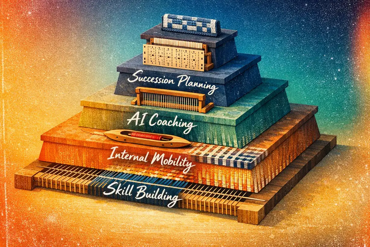 A workflow illustration of an employee’s journey from high-potential identification to cross-functional leadership placement, supported by AI coaching.