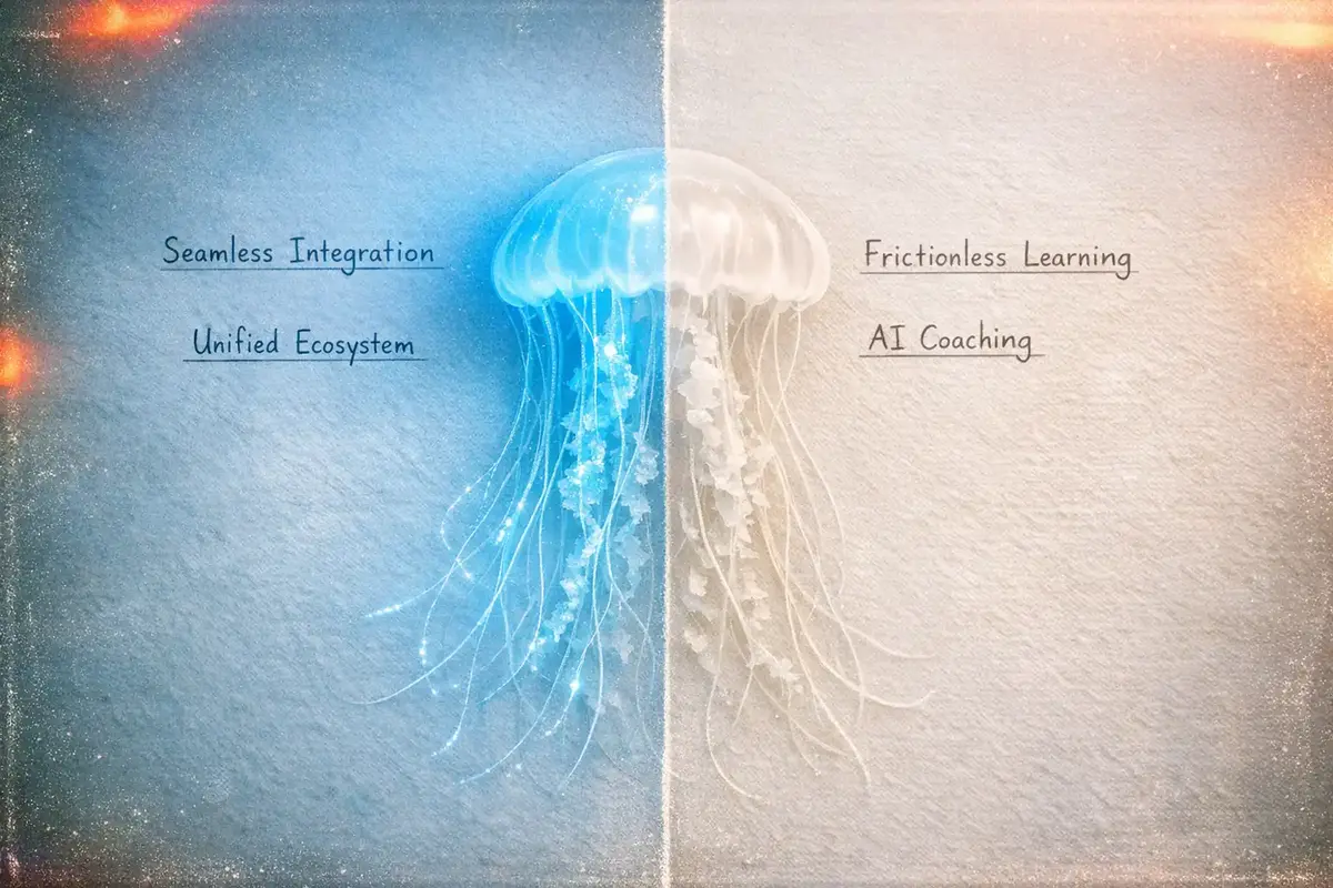 Diagram showing data flow between AI coaching, LMS, and LXP platforms