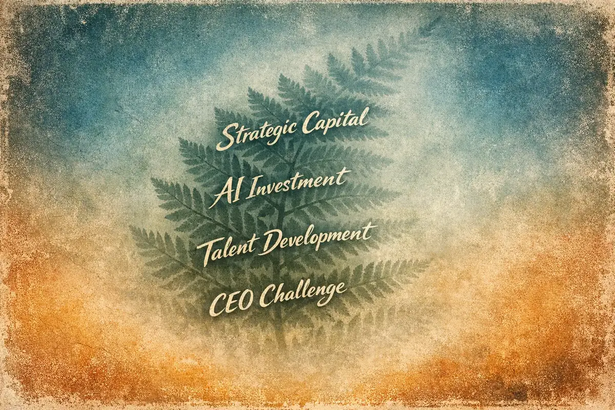 A CEO reviewing a digital dashboard showing AI and talent investment metrics