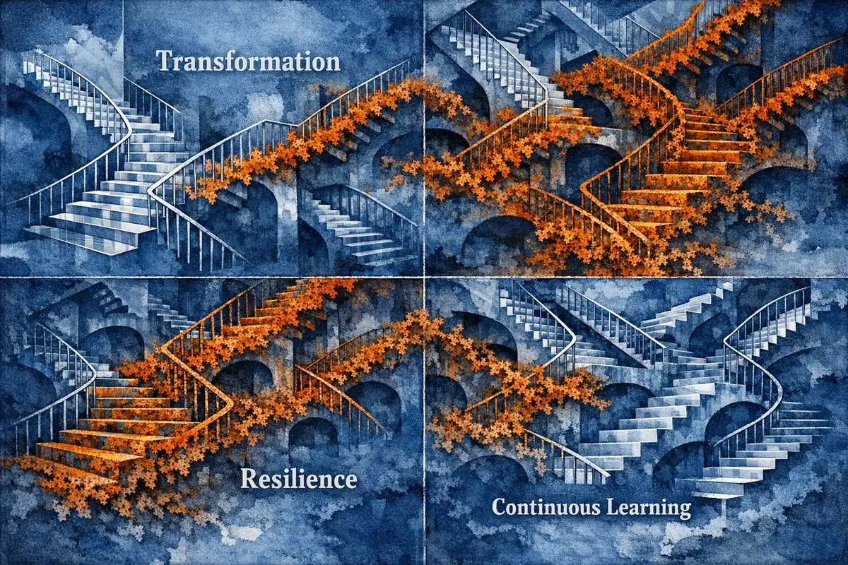 A CEO and executive team reviewing scenario dashboards and foresight metrics on digital screens